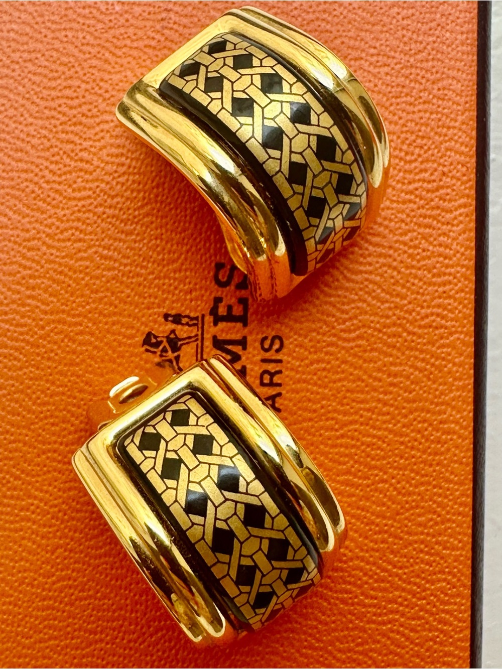 Vintage Hermès Black Gold Enamel Clip-On Earrings w/ Box